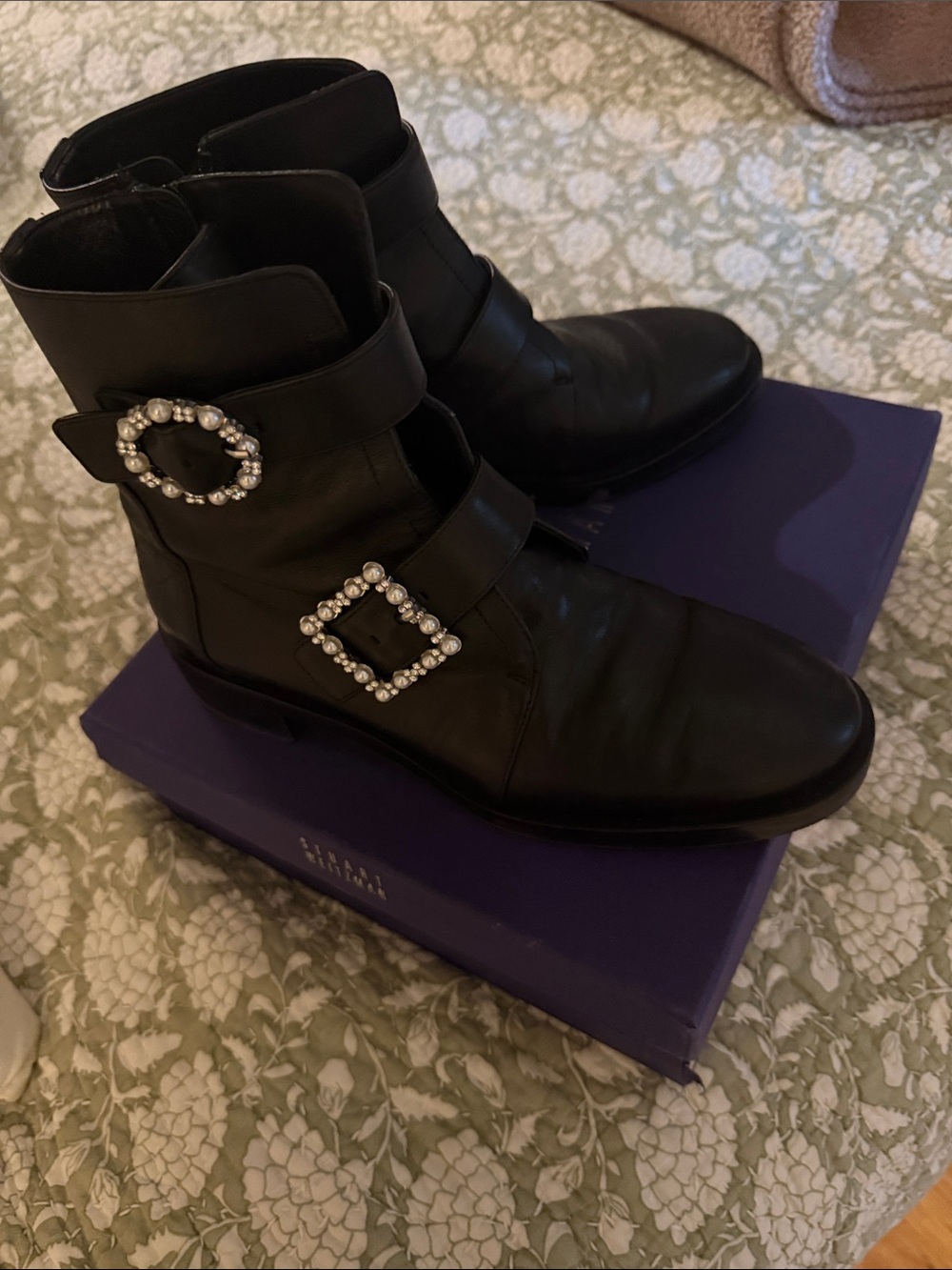 STUART WEITZMAN RYDR Women’s Black Leather Ankle Boots with Decorative Buckles